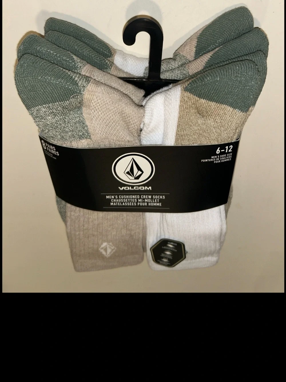 Volcom Cushioned Crew Socks 8 Pair Men 6-12 White Brown Green w Logos Ride NEW!